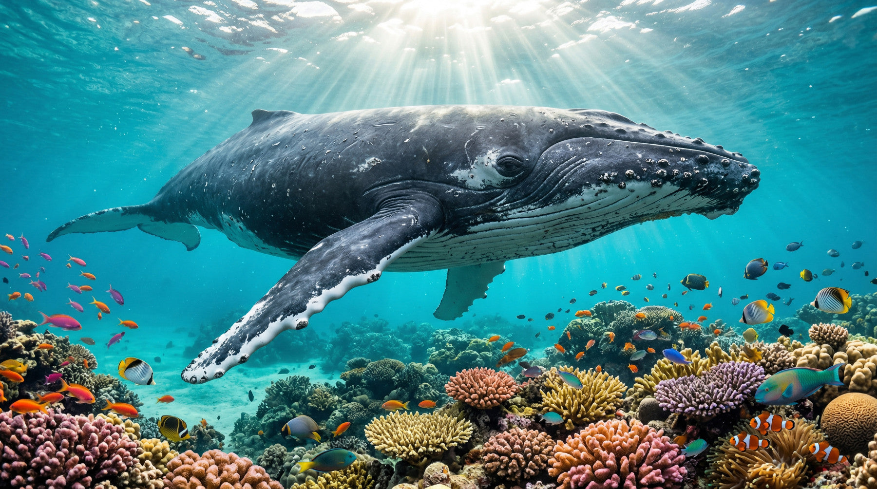 In the nursery , underwater paradise wall mural glows above a colourful coral reef