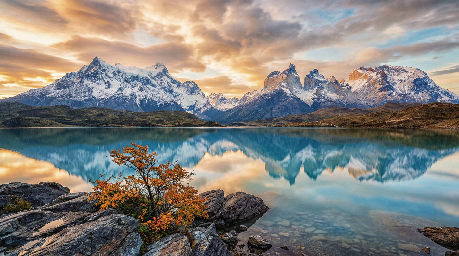 Dining room wall mural with Patagonia reflection and autumn mountain lake glow view