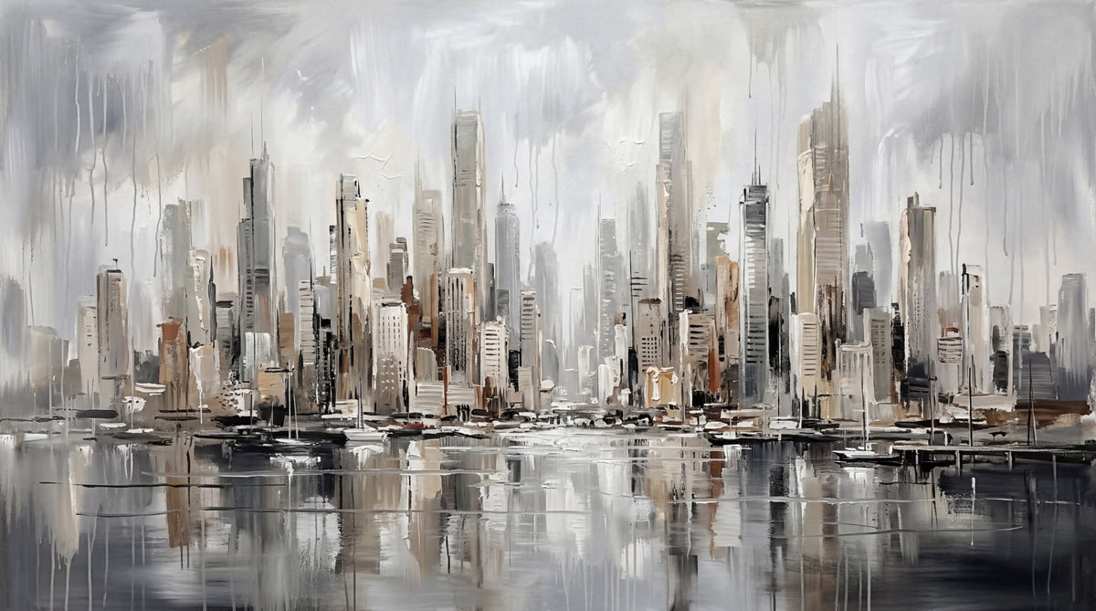 Urban Tide: Cityscape Reflection Art Wall Mural in your room — zoomed