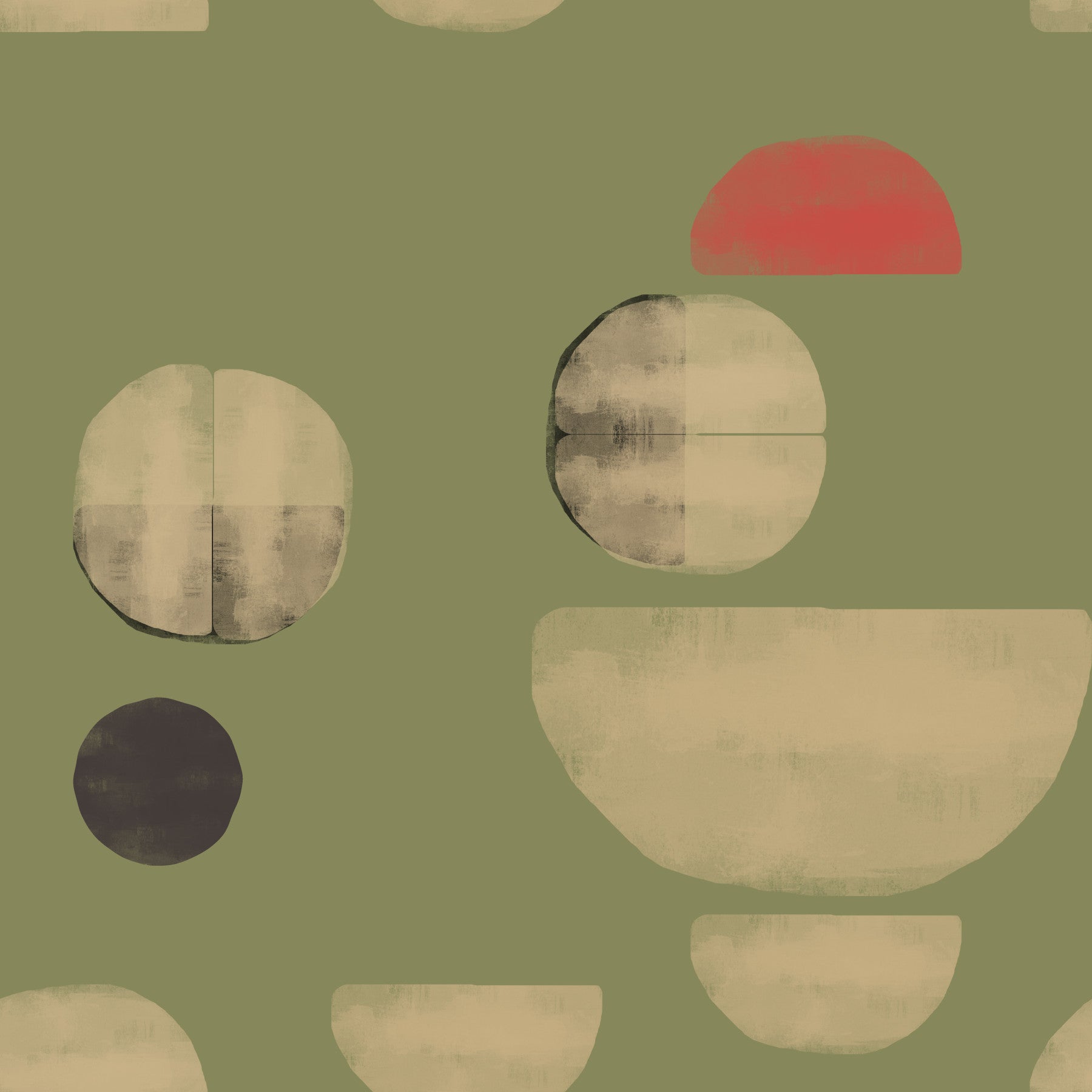Living room wallpaper with olive abstract shapes and earthy tone composition