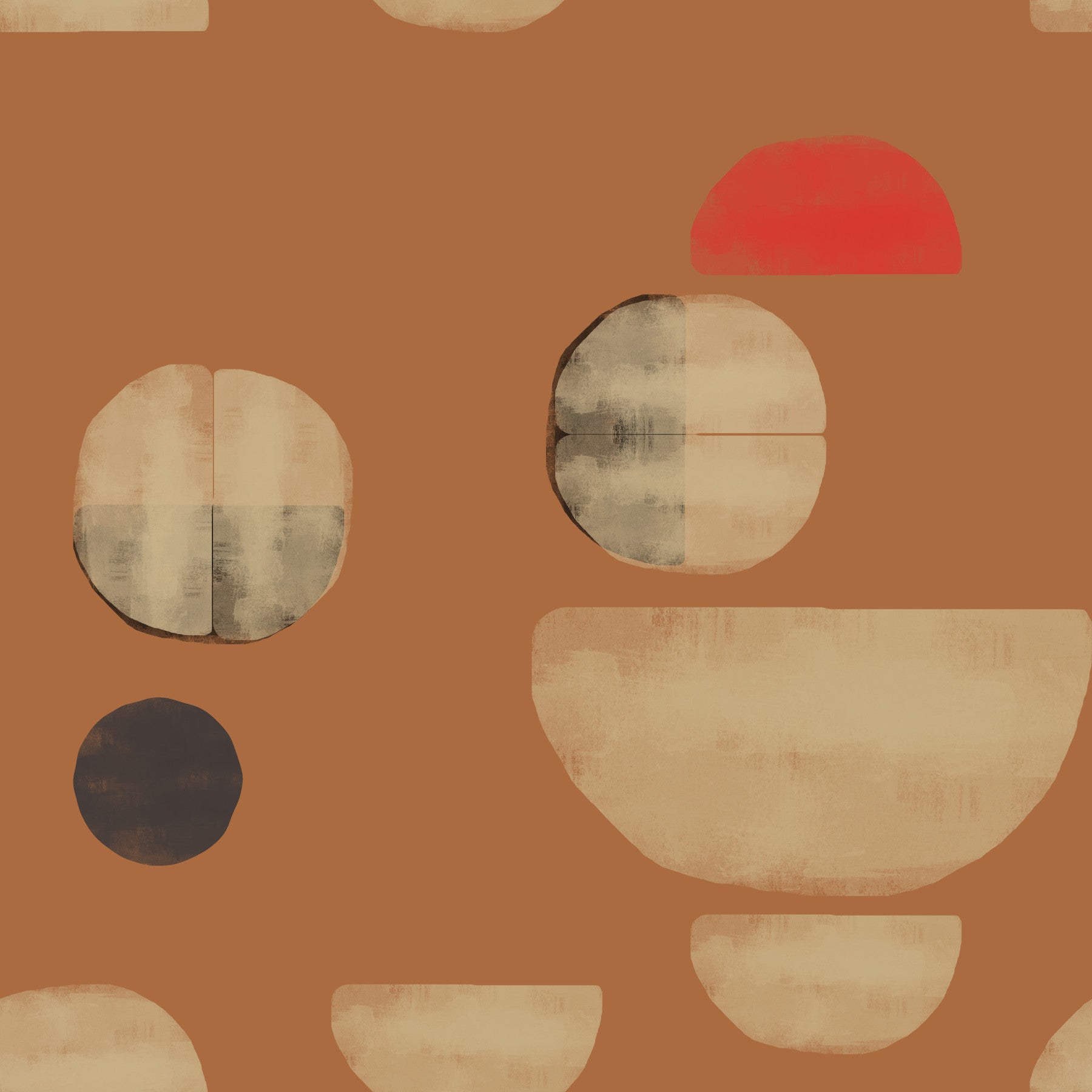 Living room wallpaper with terracotta abstract shapes and warm neutral tones