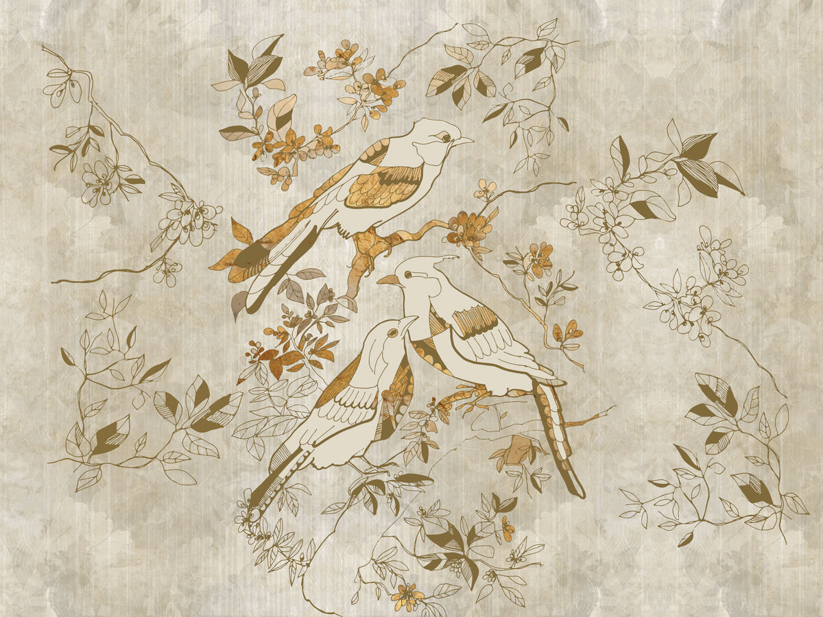 Golden Orchard Bird Wall Mural in your room — zoomed
