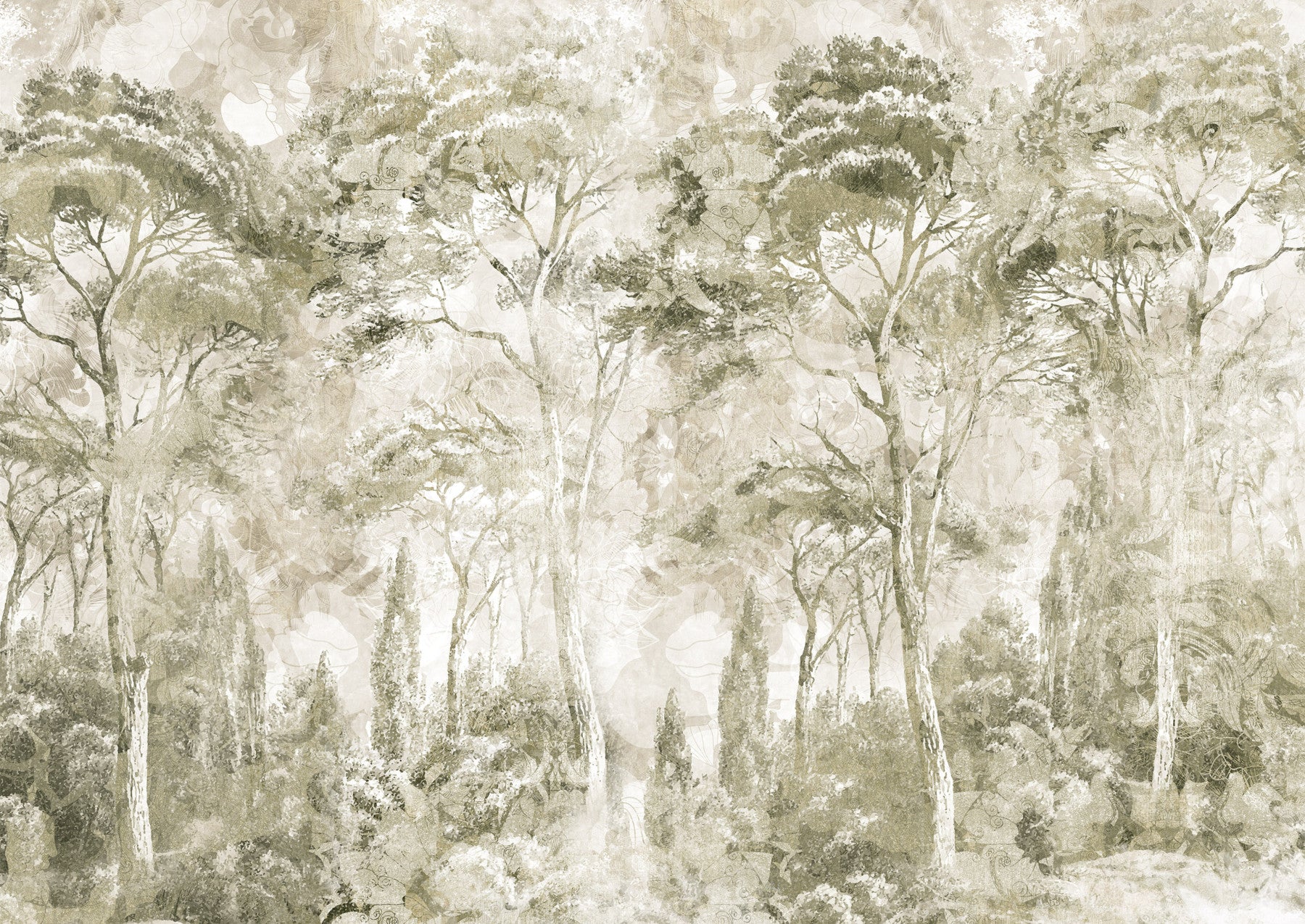 Sepia Pine Forest Landscape Wall Mural