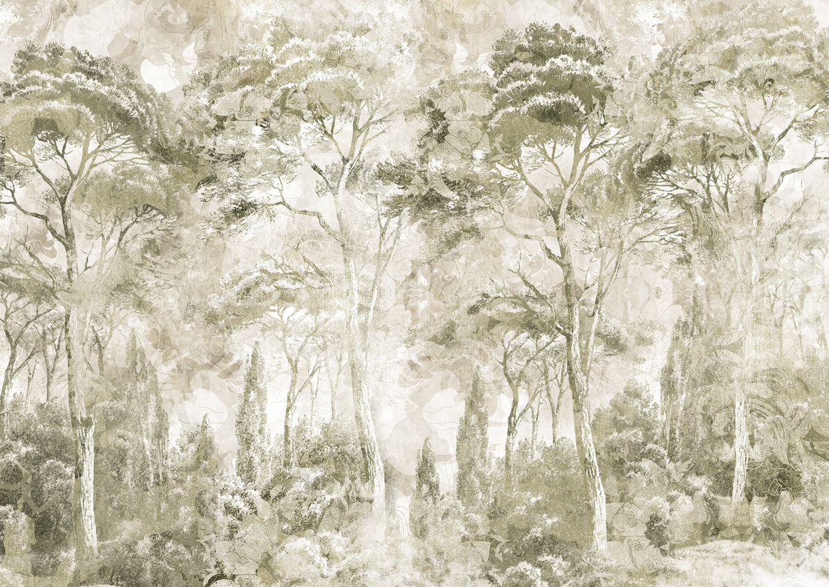 Sepia Pine Forest Landscape Wall Mural in your room — zoomed