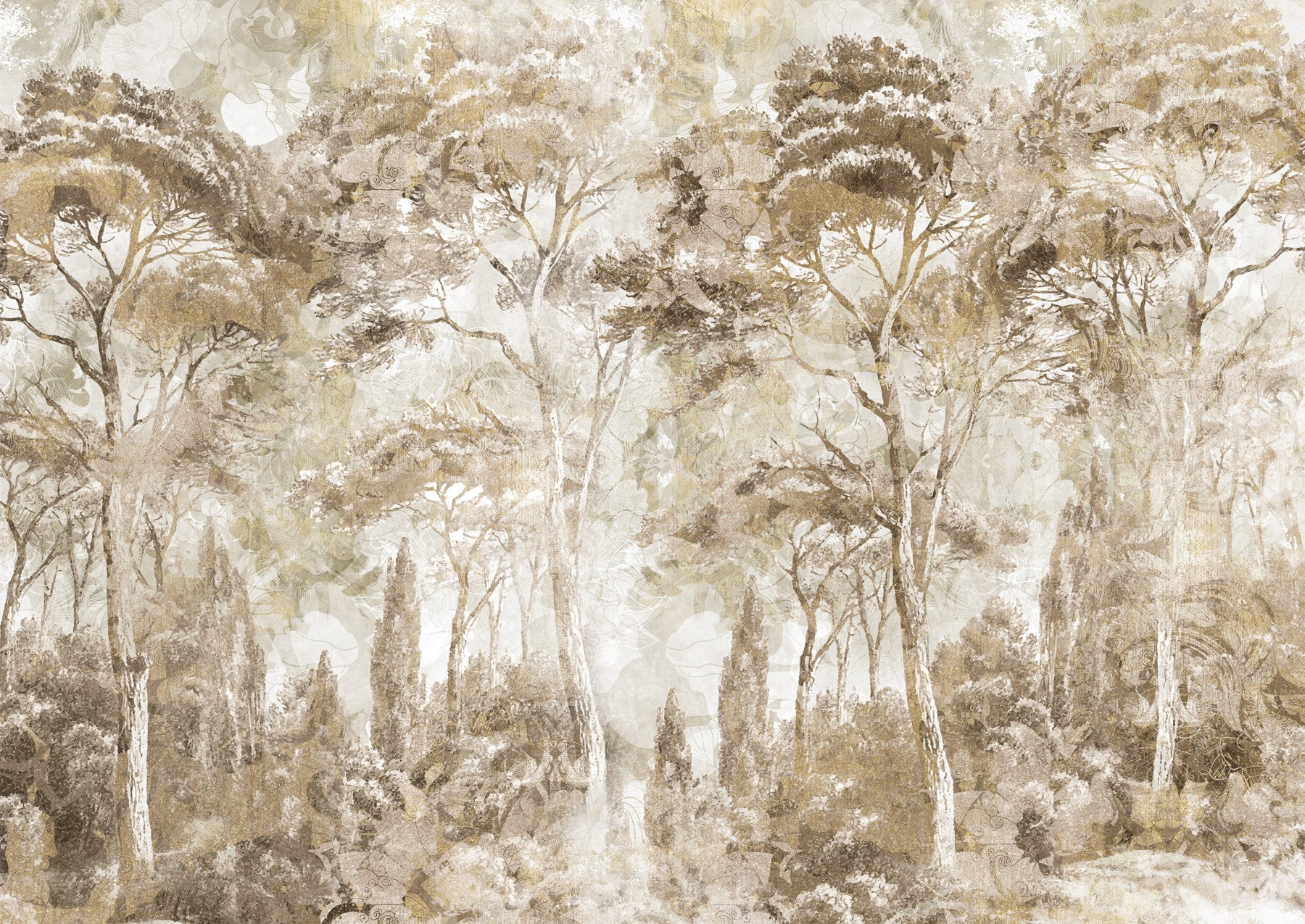 Bathroom wall featuring Antique Woodland Landscape wall mural with trees