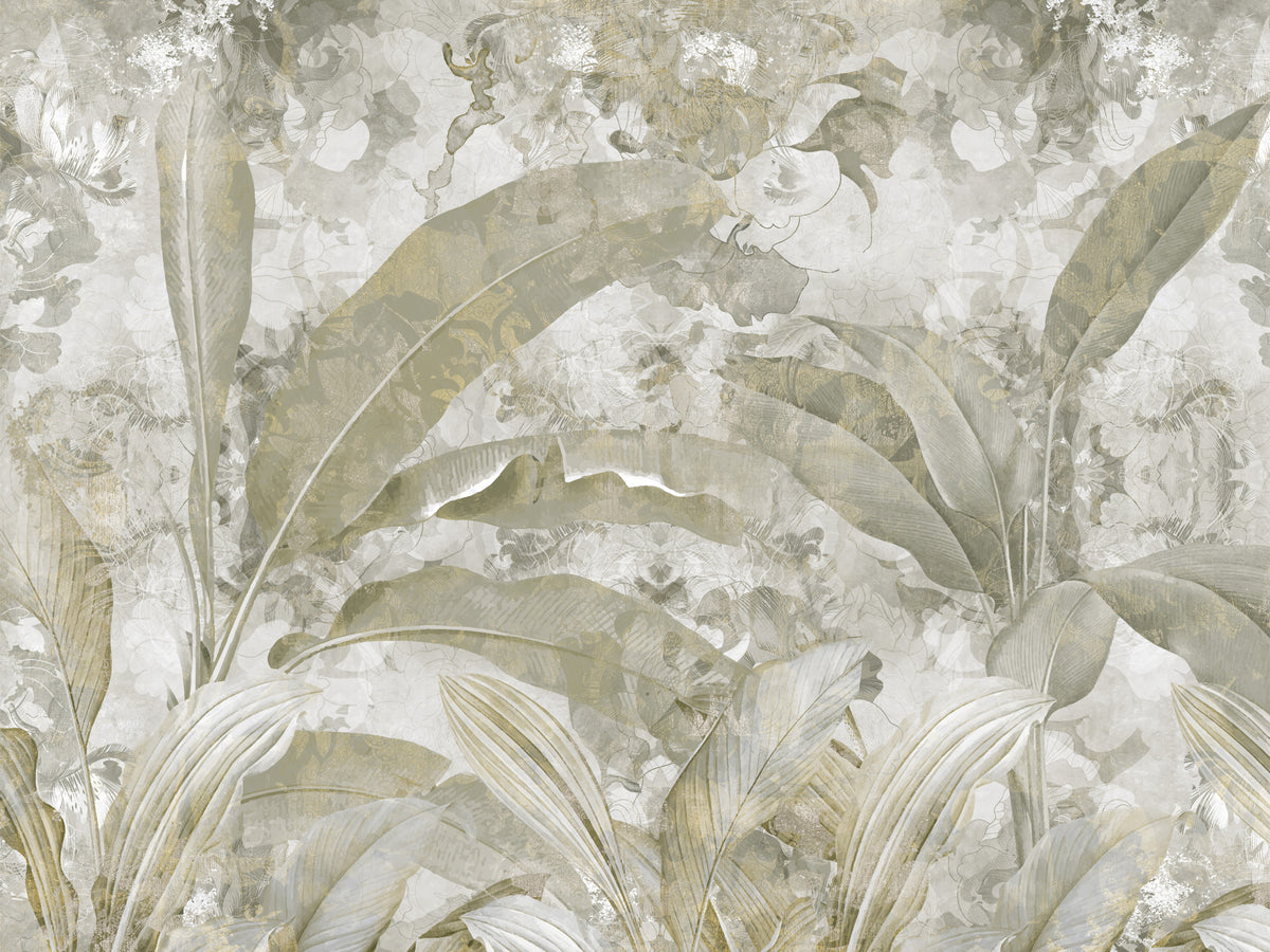 Sage Green Tropical Leaves Wall Mural in your room — zoomed