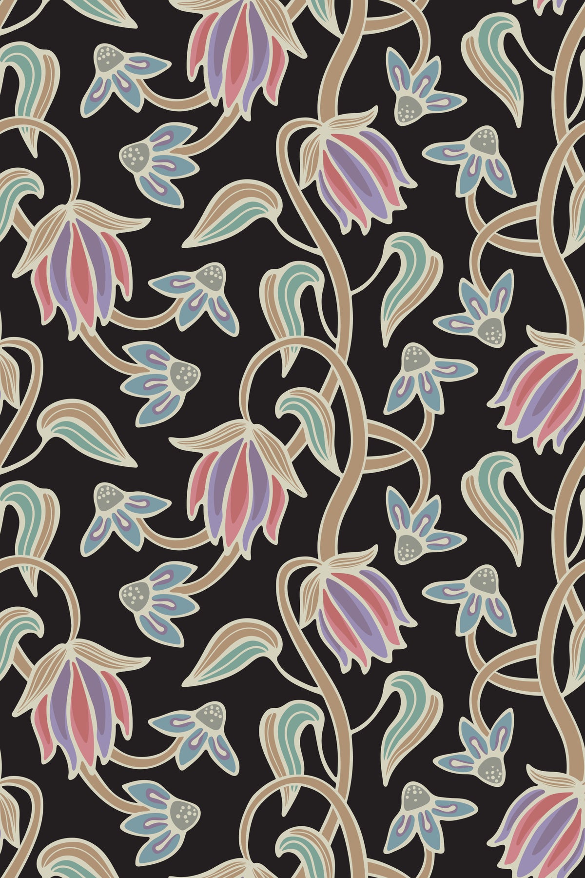 Ophelia Boho Blossoms Floral Antique Pastels on Black Wallpaper⁠ in your room