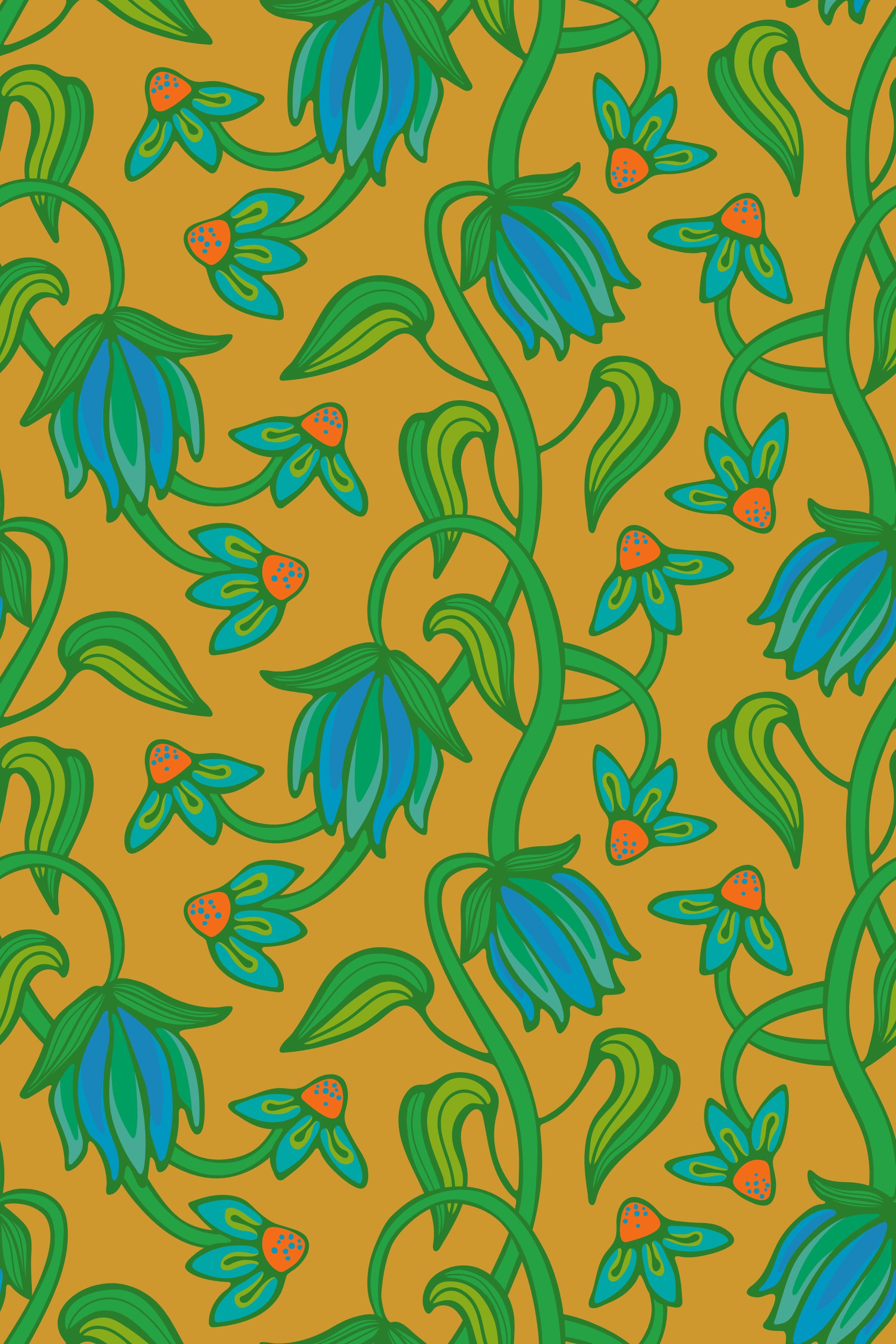 Ophelia Boho Blossoms wallpaper with blue green vines on mustard base
