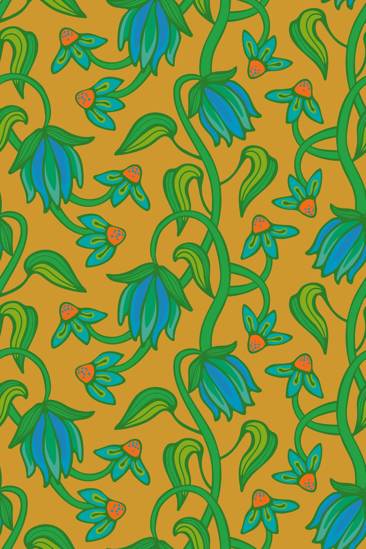 Ophelia Boho Blossoms Floral Tropical Blue Green on Mustard Yellow Wallpaper⁠ in your room