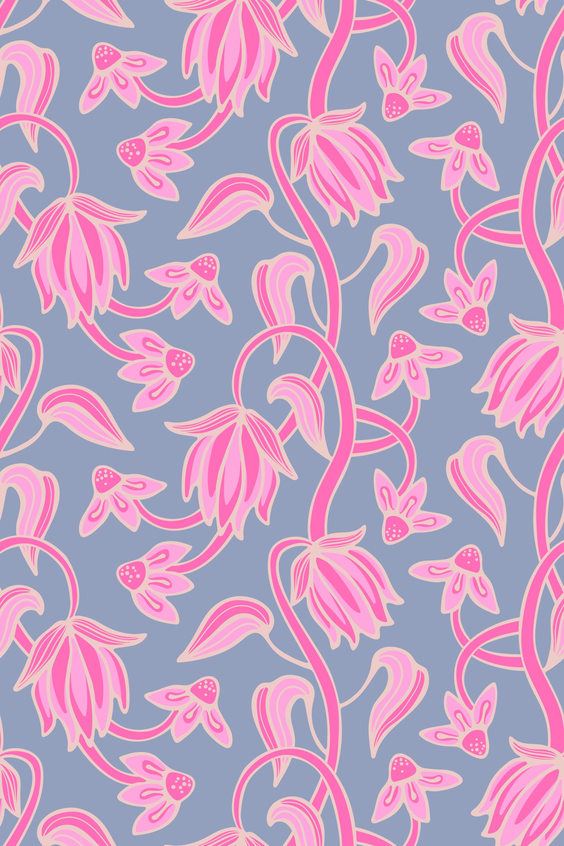 Ophelia Boho Blossoms Floral Pretty Pink on Lavender Purple Wallpaper⁠
