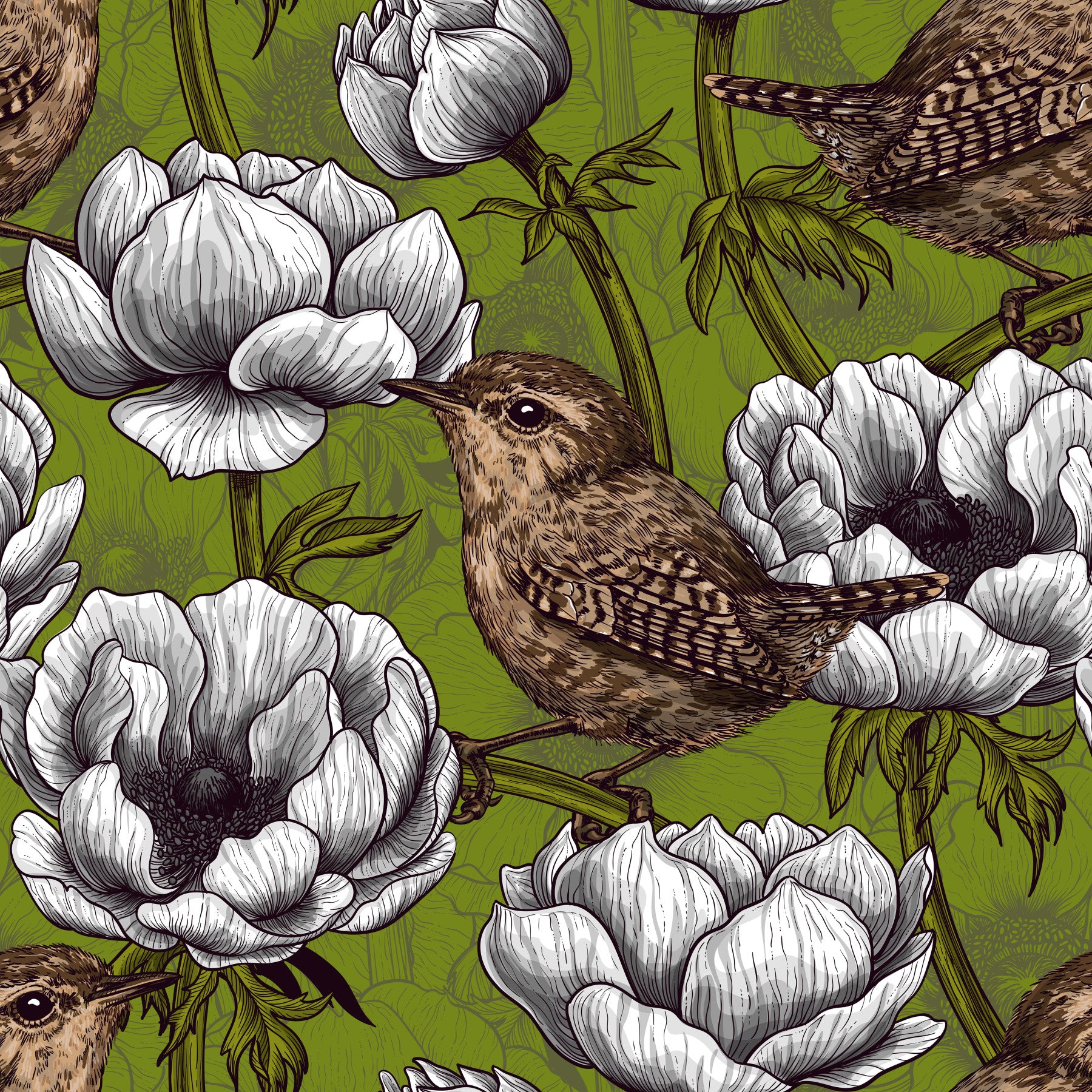 Bedroom space shows Wrens in the White Anemone Garden wallpaper