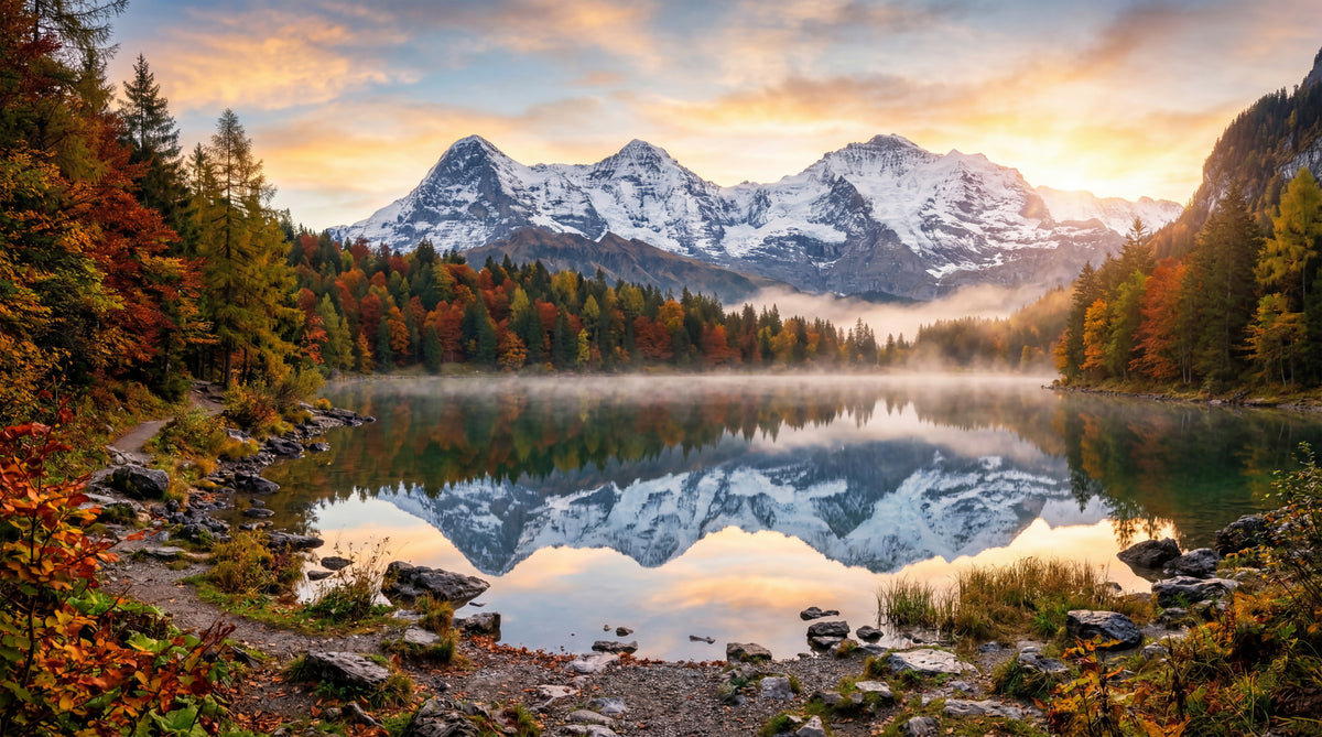 Misty Peaks: Autumn Reflections at Dawn Wall Mural in your room