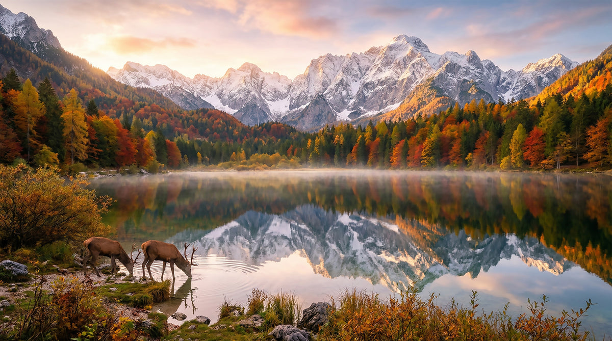 Alpine Autumn Reflection with Deer Wall Mural in your room — zoomed