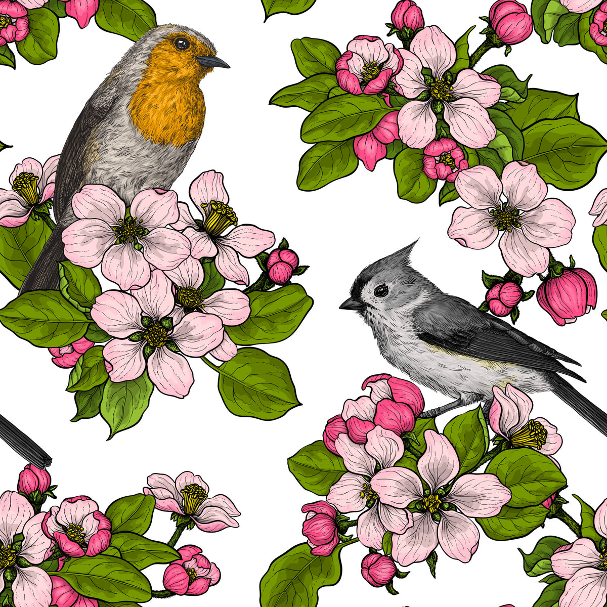 Birds and Blossoms on white Wallpaper⁠ in your room