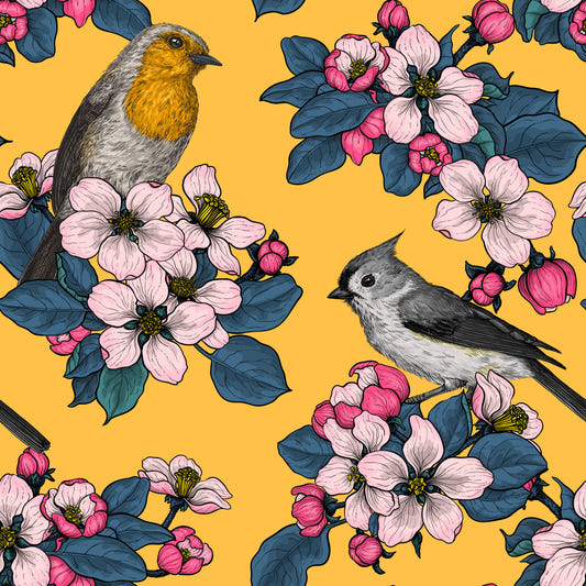 Birds and Blossoms on yellow Wallpaper⁠