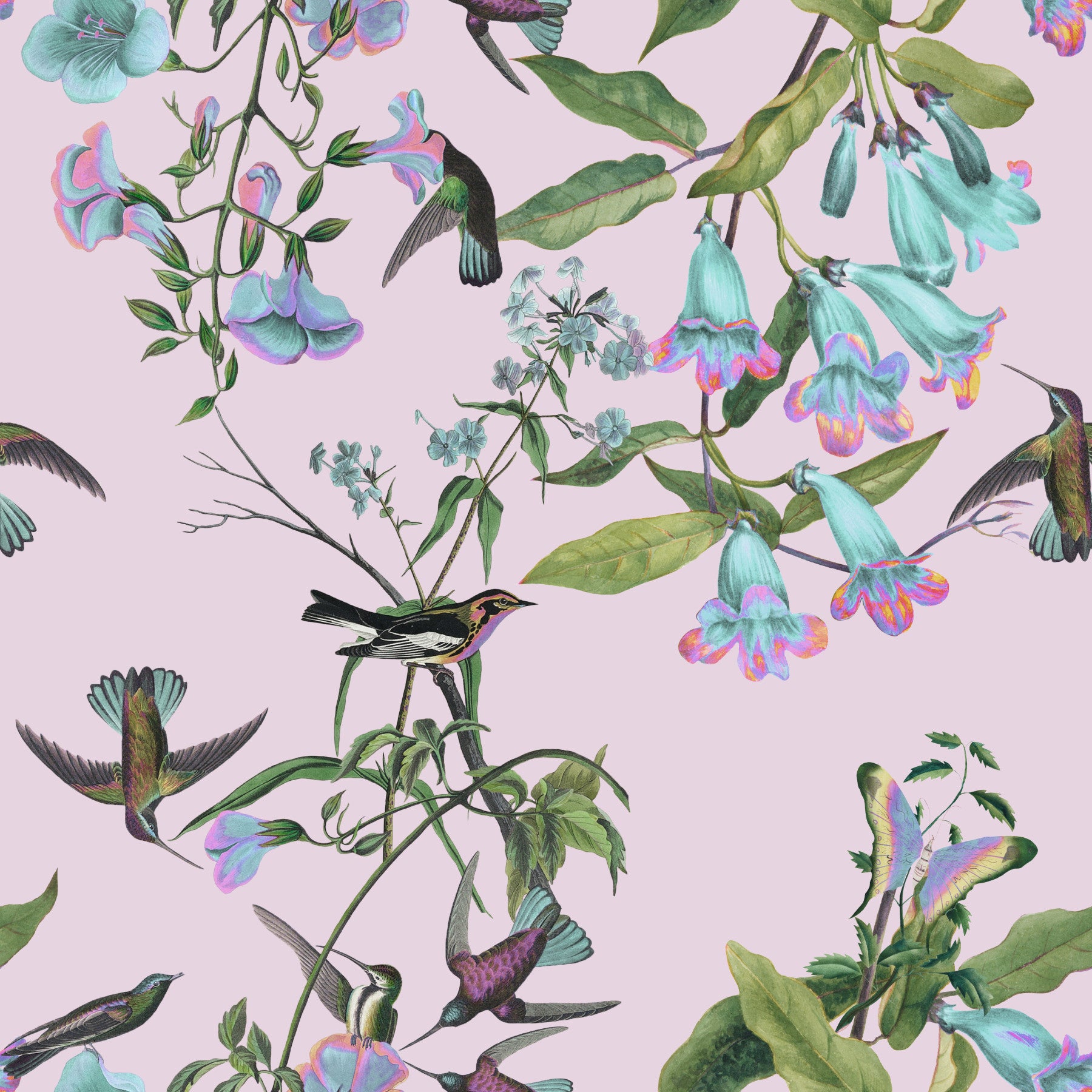 Living room Enchanted Aviary wallpaper with pastel flowers and bird motifs