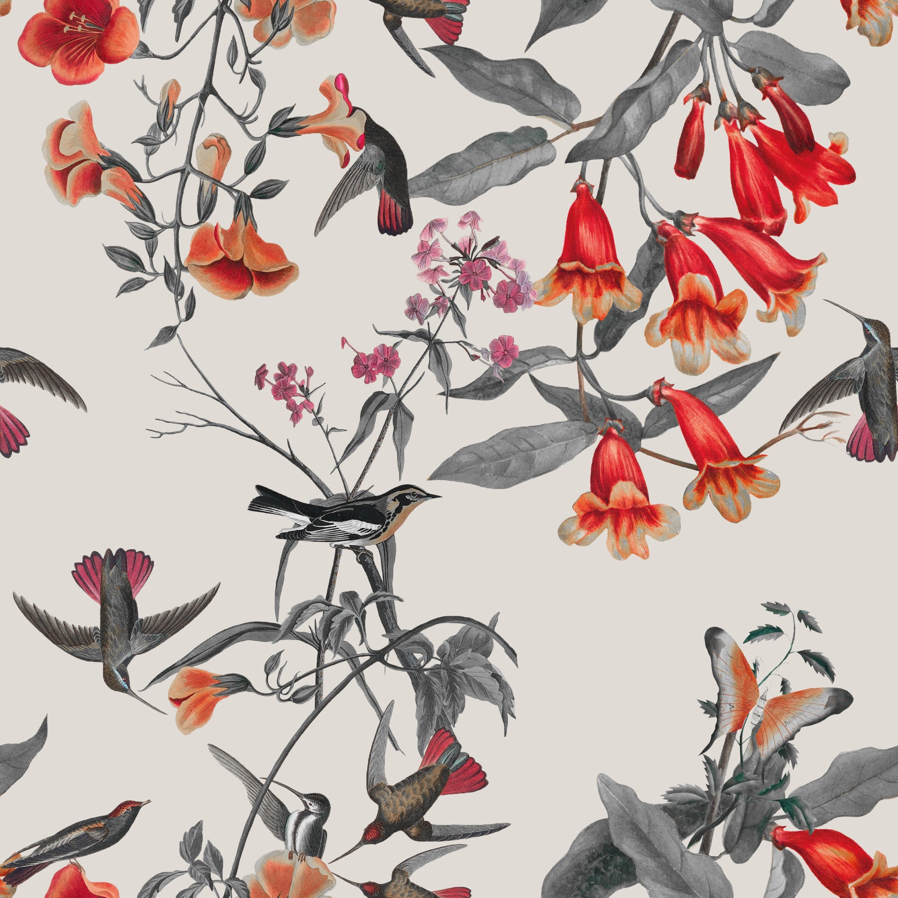 Dining room wall with Crimson Flower Aviary wallpaper and scarlet botanical birds