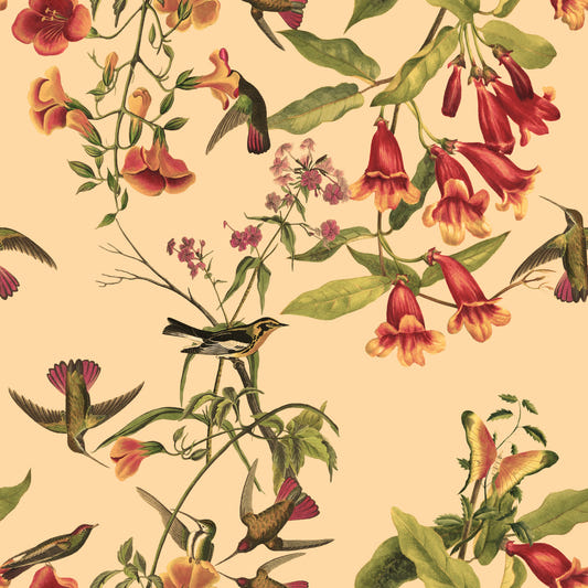 Tropical Flowers and Hummingbirds Vintage Style Wallpaper