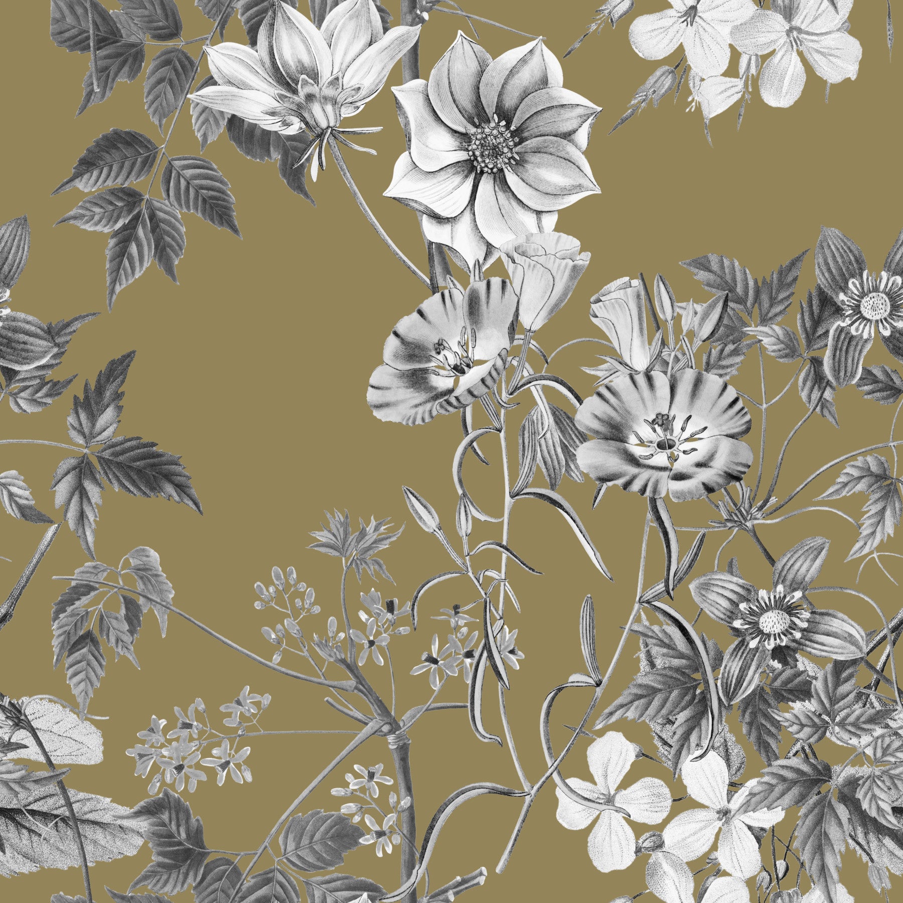 Living room Golden Botanical Prints wallpaper with floral sketch detail