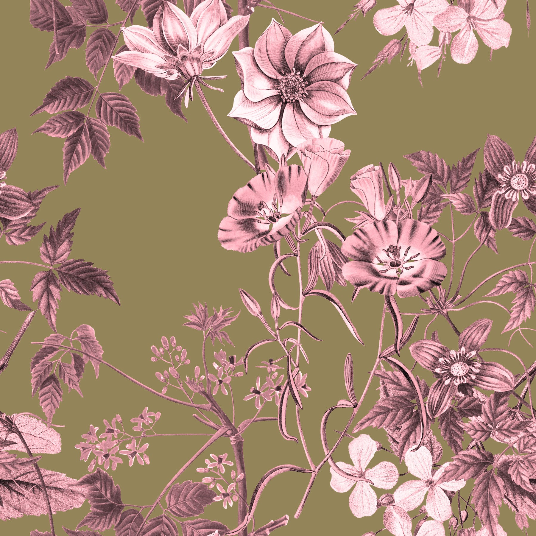 Bedroom interior shows Rose Olive Heirloom wallpaper with floral stems