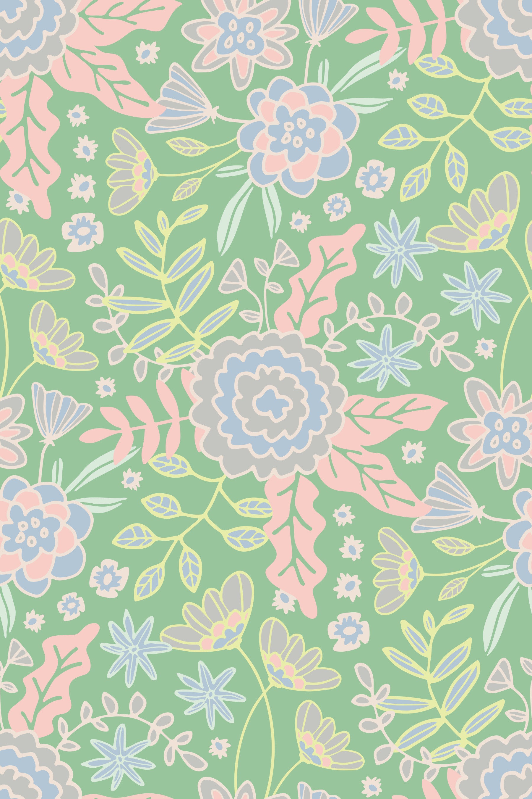 Buds and Blossom Floral Cottagecore Pastel Garden Green Wallpaper⁠