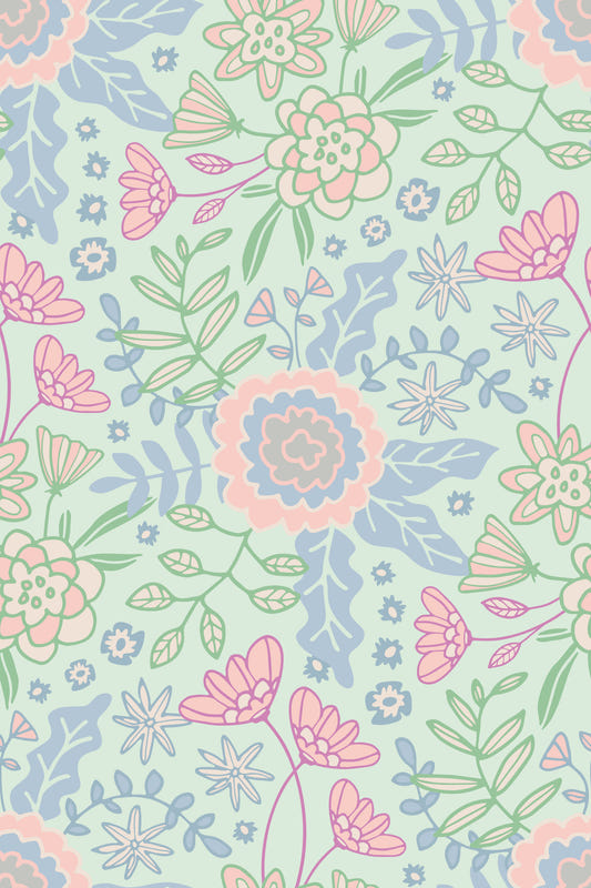 Buds and Blossom Floral Cottagecore Pastel Mint Green Wallpaper⁠