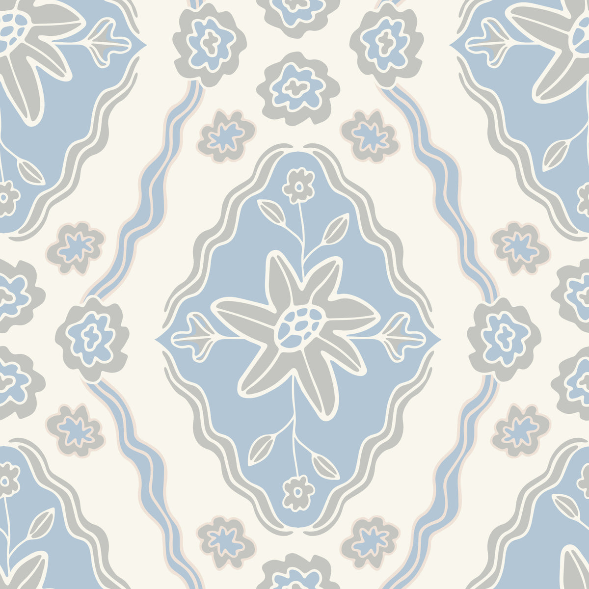 Sun-Kissed Cottagecore Spring Floral Botanical Diamond Gray Blue and White Wallpaper⁠
