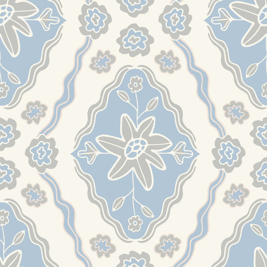 Sun-Kissed Cottagecore Spring Floral Botanical Diamond Gray Blue and White Wallpaper⁠
