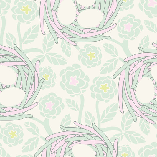 Cozy Nest Cottagecore Spring Floral Bird Eggs Pastel Mint White Wallpaper⁠