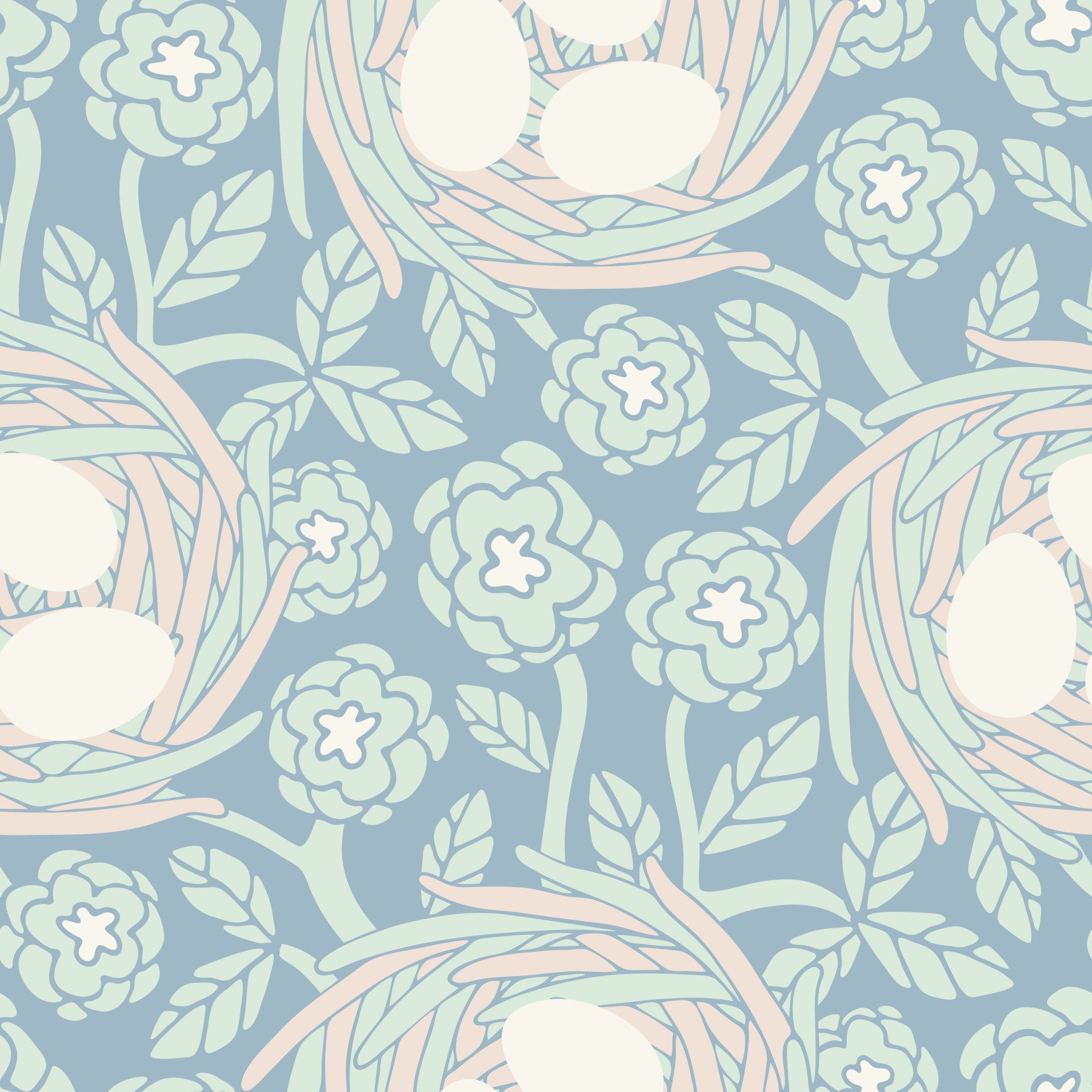 Cozy Nest Cottagecore Spring Floral Bird Eggs Pastel Mint Blue Wallpaper⁠