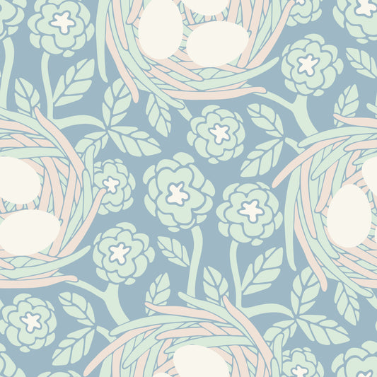 Cozy Nest Cottagecore Spring Floral Bird Eggs Pastel Mint Blue Wallpaper⁠