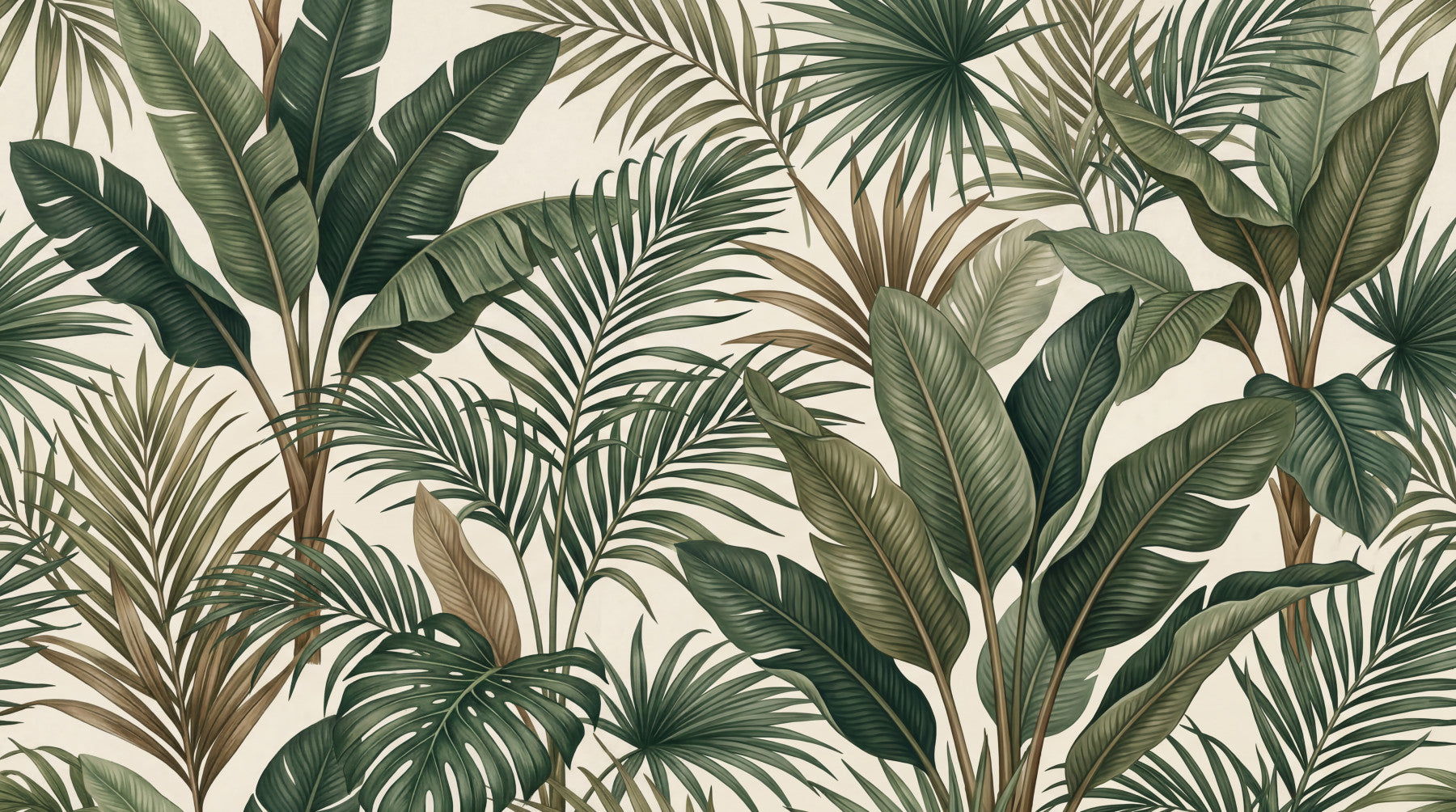 Living room with Lush Tropical Foliage wall mural and palm leaf artwork