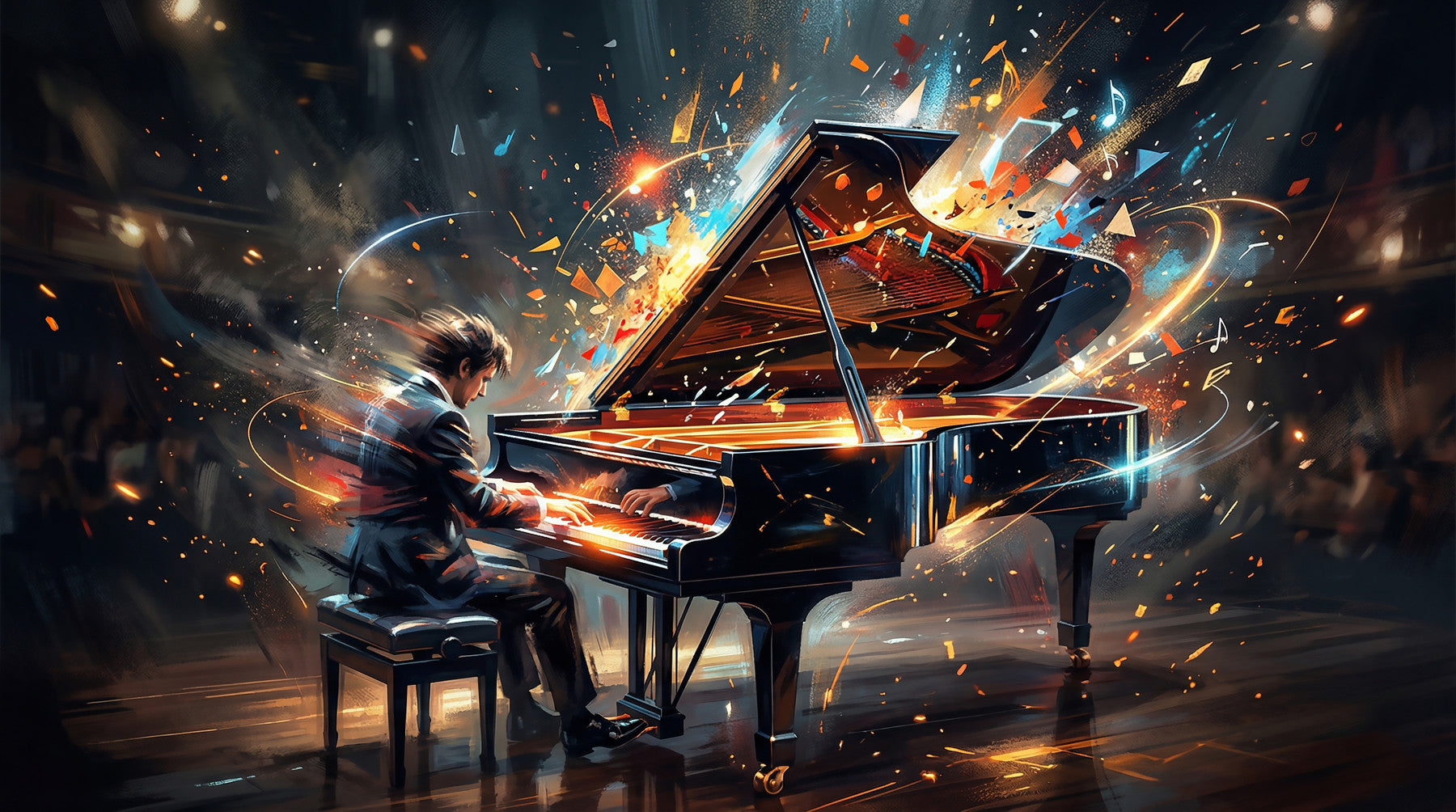 Living room styled with Symphony of Light mural and glowing piano artwork