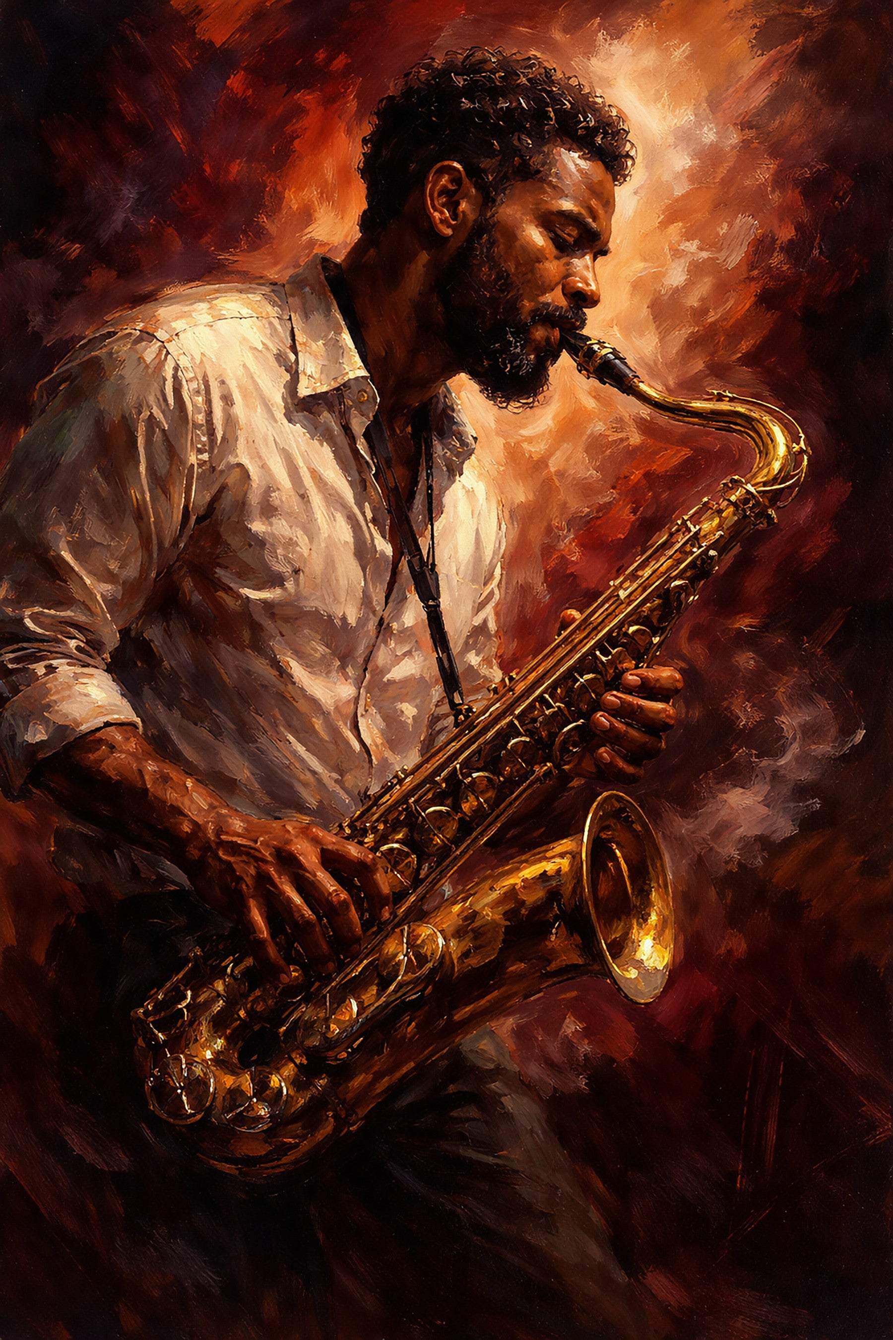 Hallway styled with Golden Horn Fiery Soul mural and jazz artwork