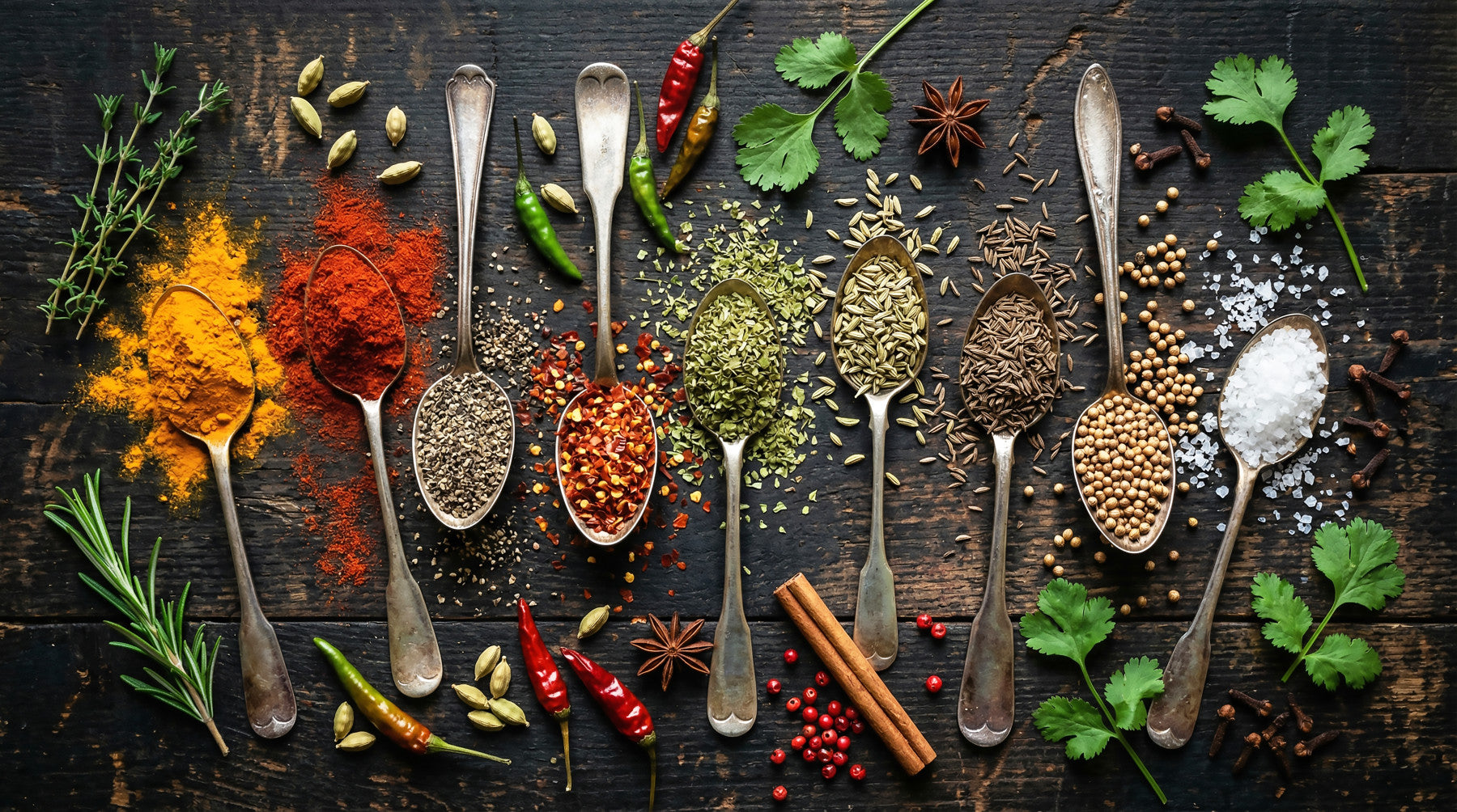 Kitchen ingredient mural with seeds, spices, and textured wood