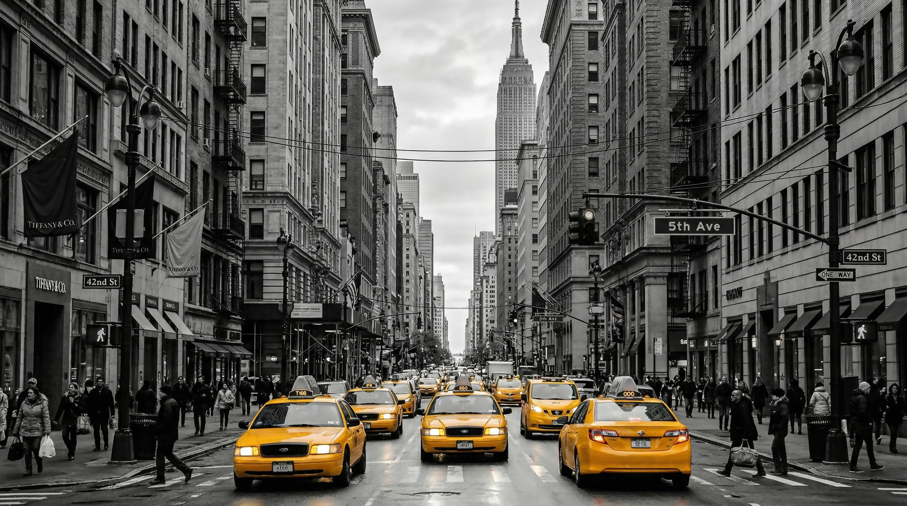 Living room with Manhattan Golden Rush mural and yellow taxis