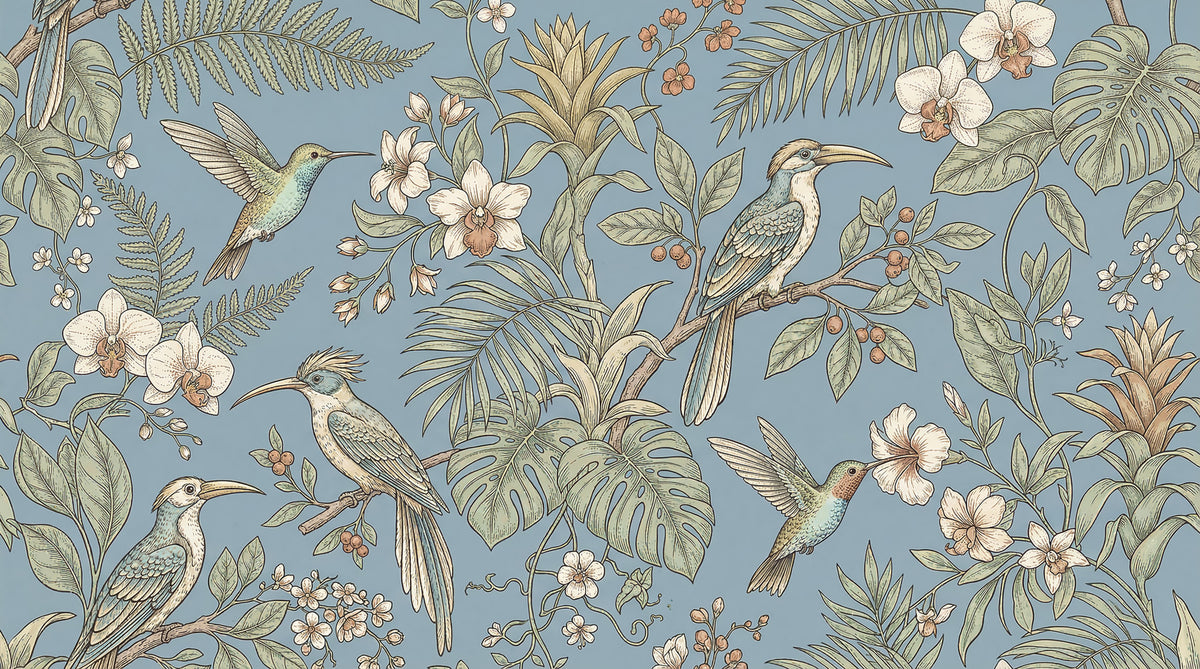 Exotic Serenity: Botanical Aviary Wall Mural in your room — zoomed