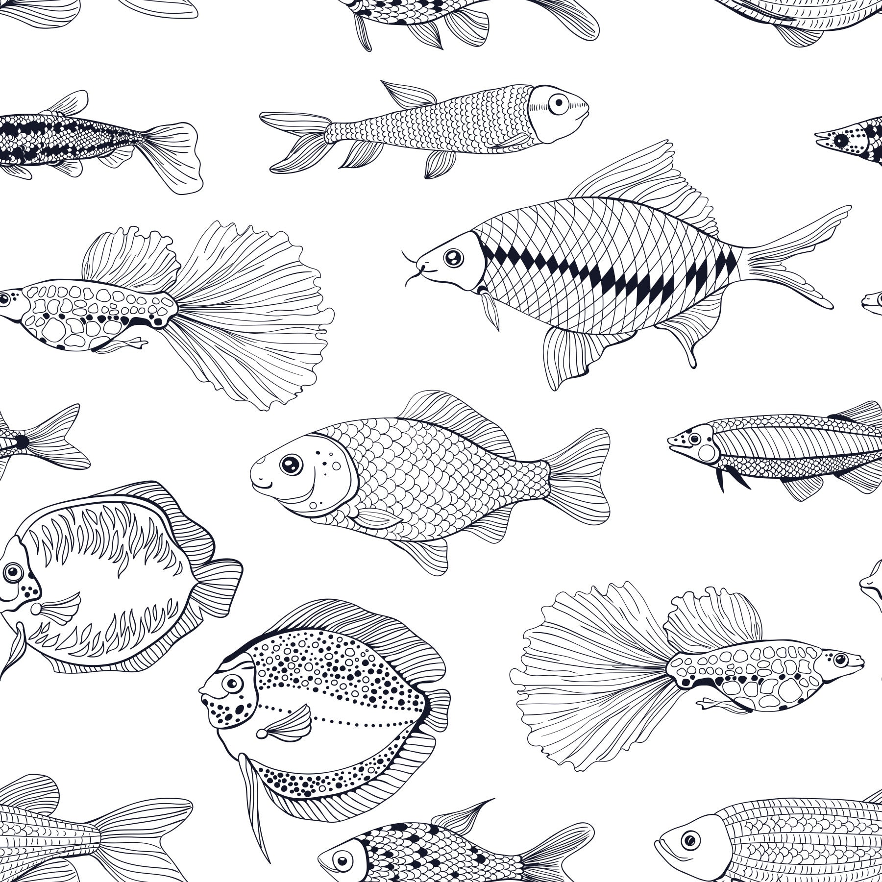 Hallway with Black White Fish Wallpaper and detailed nautical line art