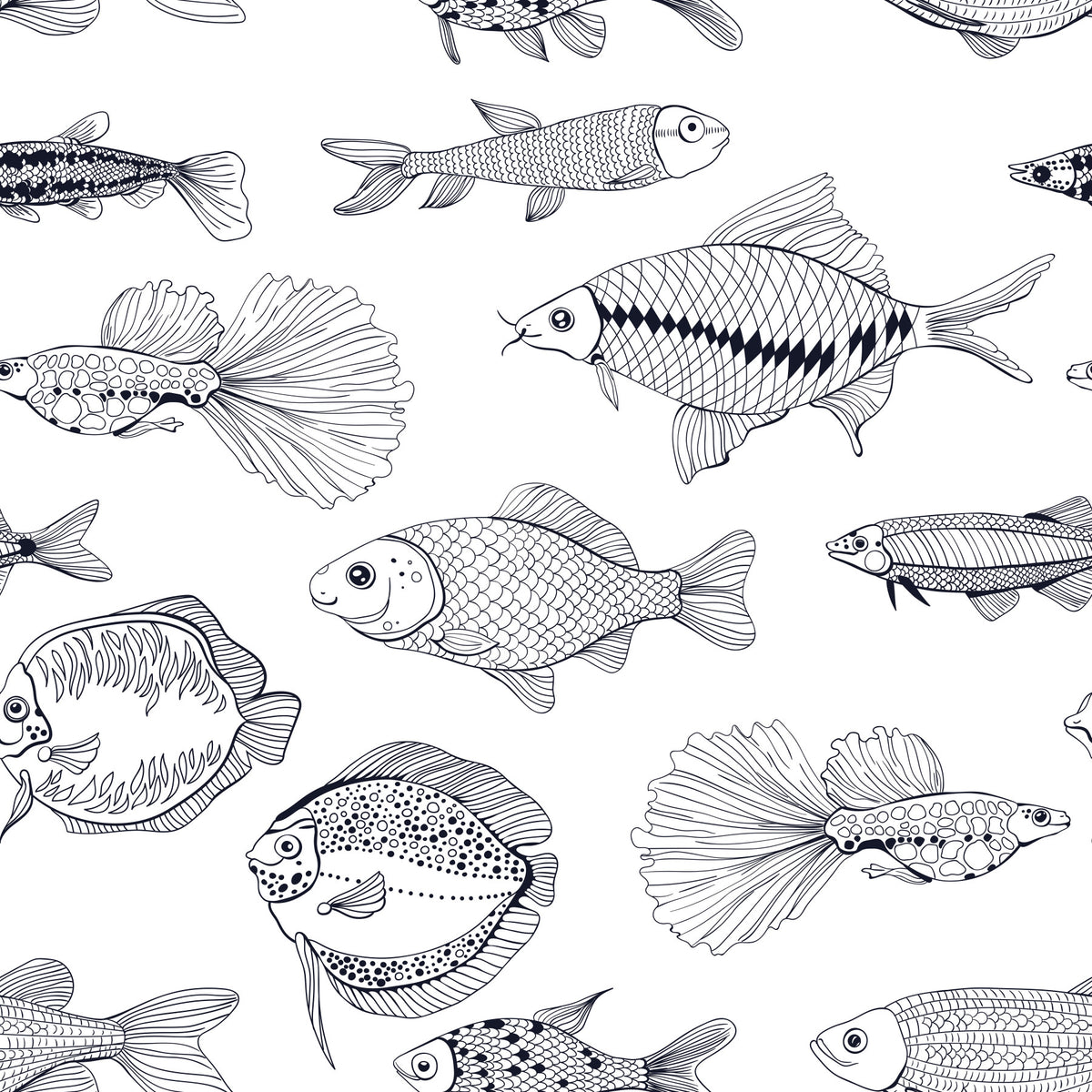 Modern Hand - Drawn Fish Line Art /Black and White Nautical Pattern Wallpaper⁠ in your room — zoomed