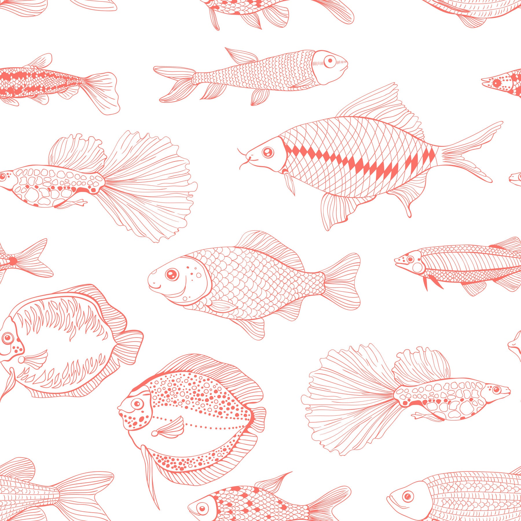 Dining room with Fish Line Art Wallpaper in coral and white nautical detail