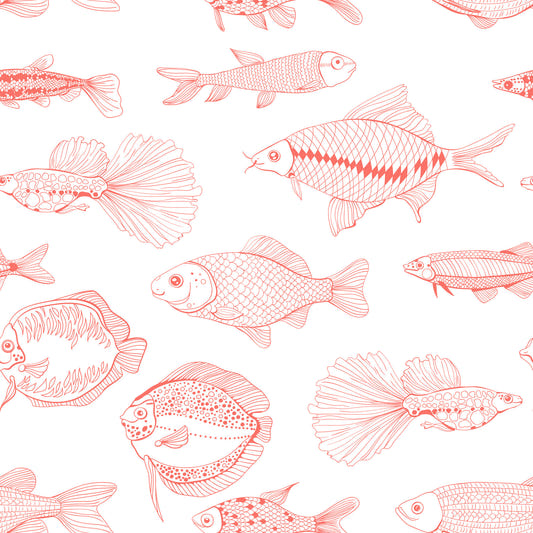 Modern Hand - Drawn Fish Line Art /Coral and White Nautical Pattern Wallpaper⁠