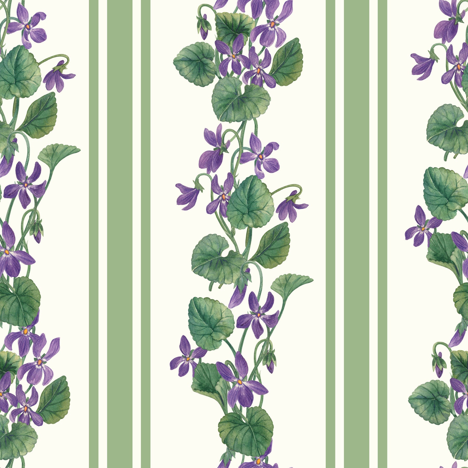 Bedroom styled in Stripes Violets Wallpaper with green floral bands