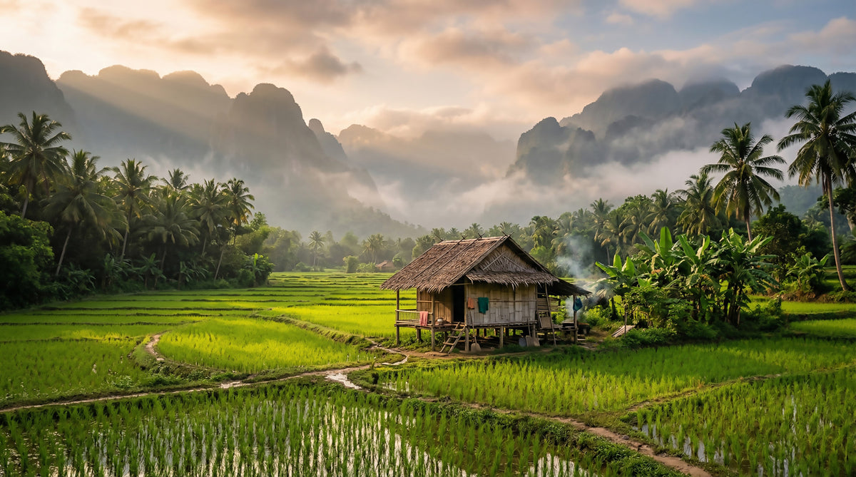 Misty Mountain Rice Fields Wall Mural in your room — zoomed