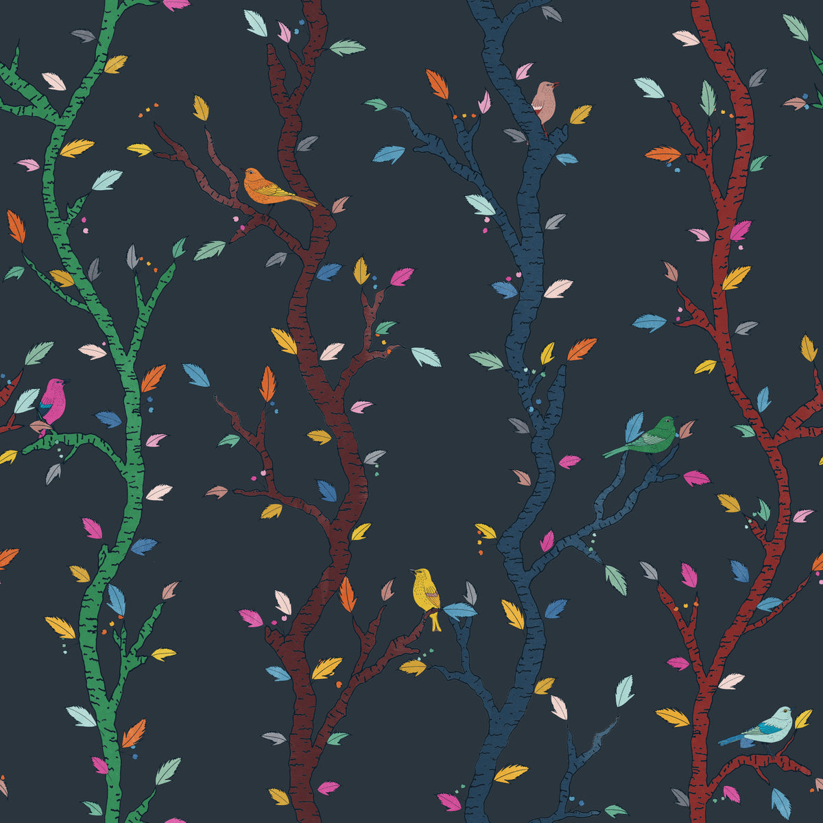 Midnight Woodland Branches with Birds Wallpaper⁠