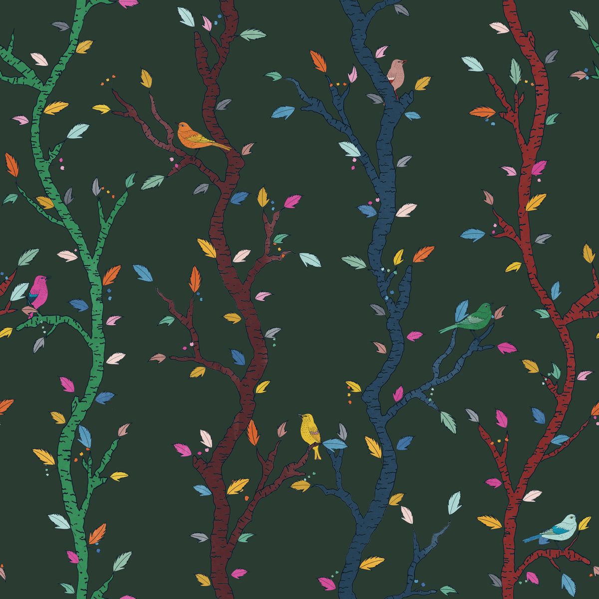 Forest Night Woodland Branches with Birds Wallpaper⁠ in your room — zoomed