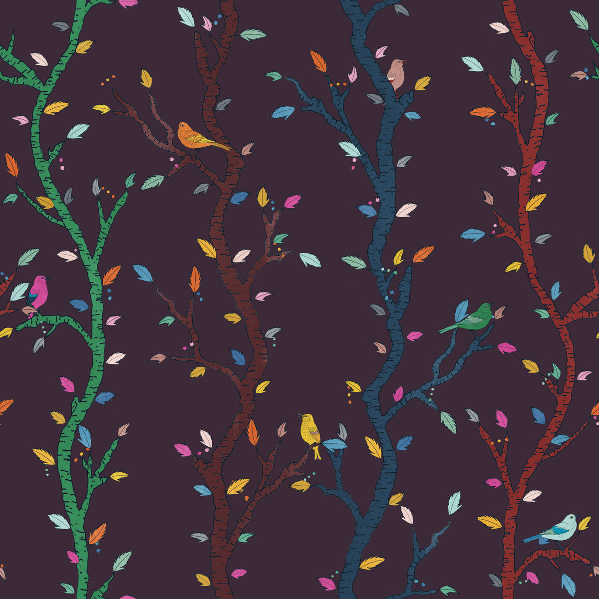 Fuchsia Night Woodland Branches with Birds Wallpaper⁠