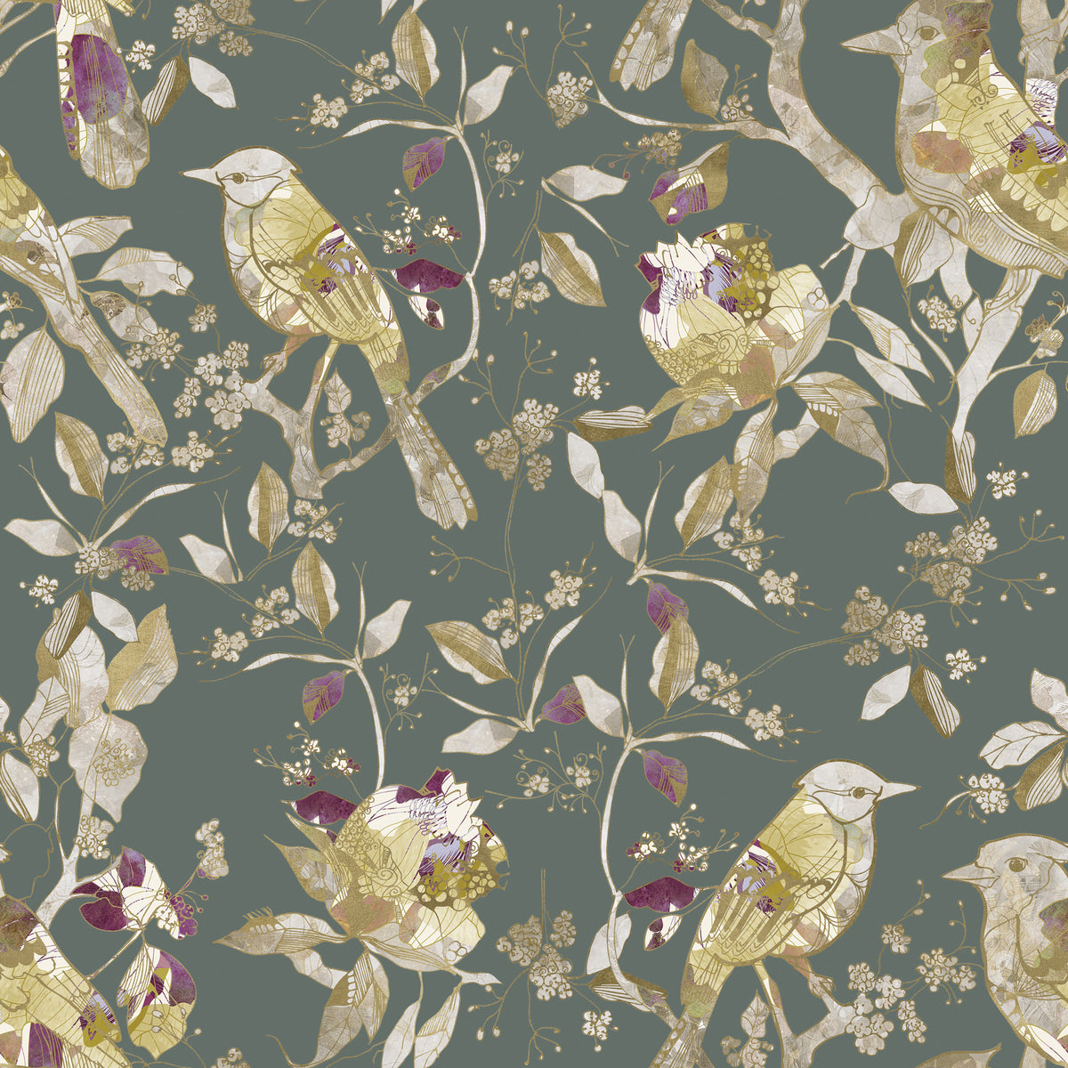 Sage Green Botanical Bird Wallpaper in your room — zoomed