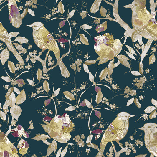 Midnight Teal Garden Birds Wallpaper