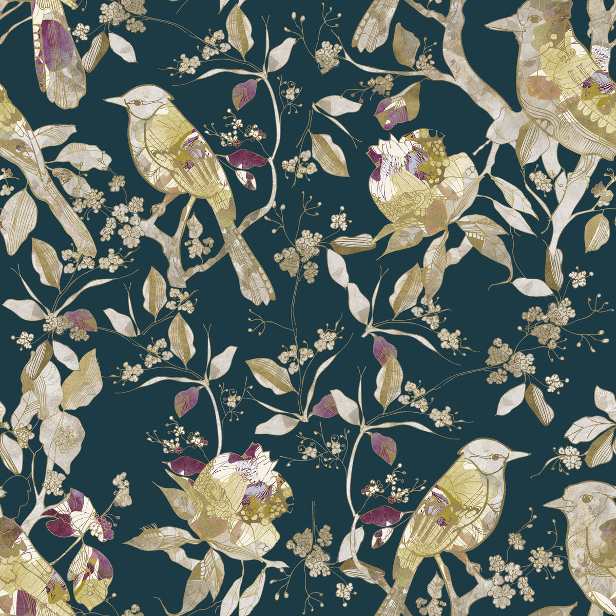 Midnight Teal Garden Birds Wallpaper in your room — zoomed