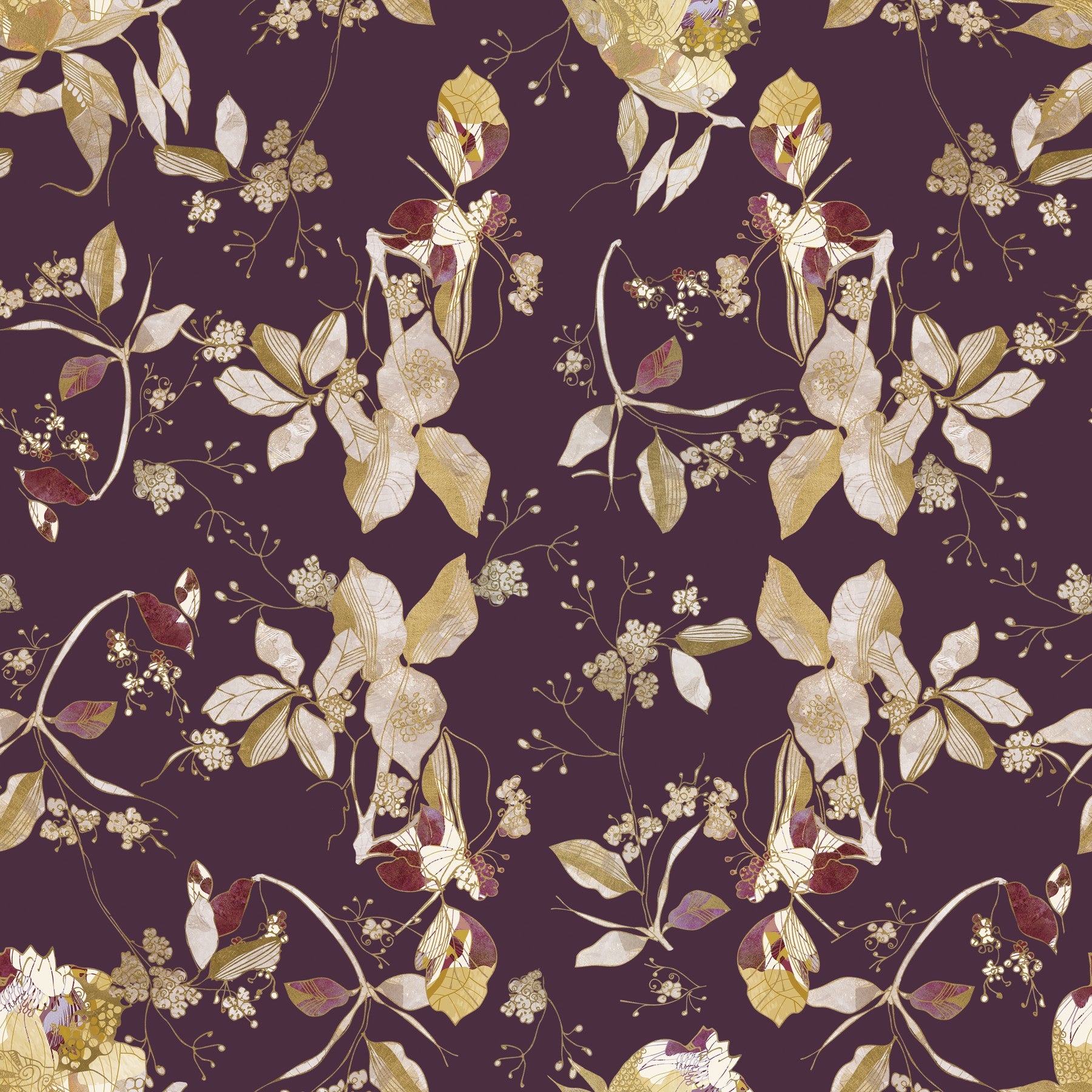 Plum blossom wallpaper showing layered trails and vintage floral detail